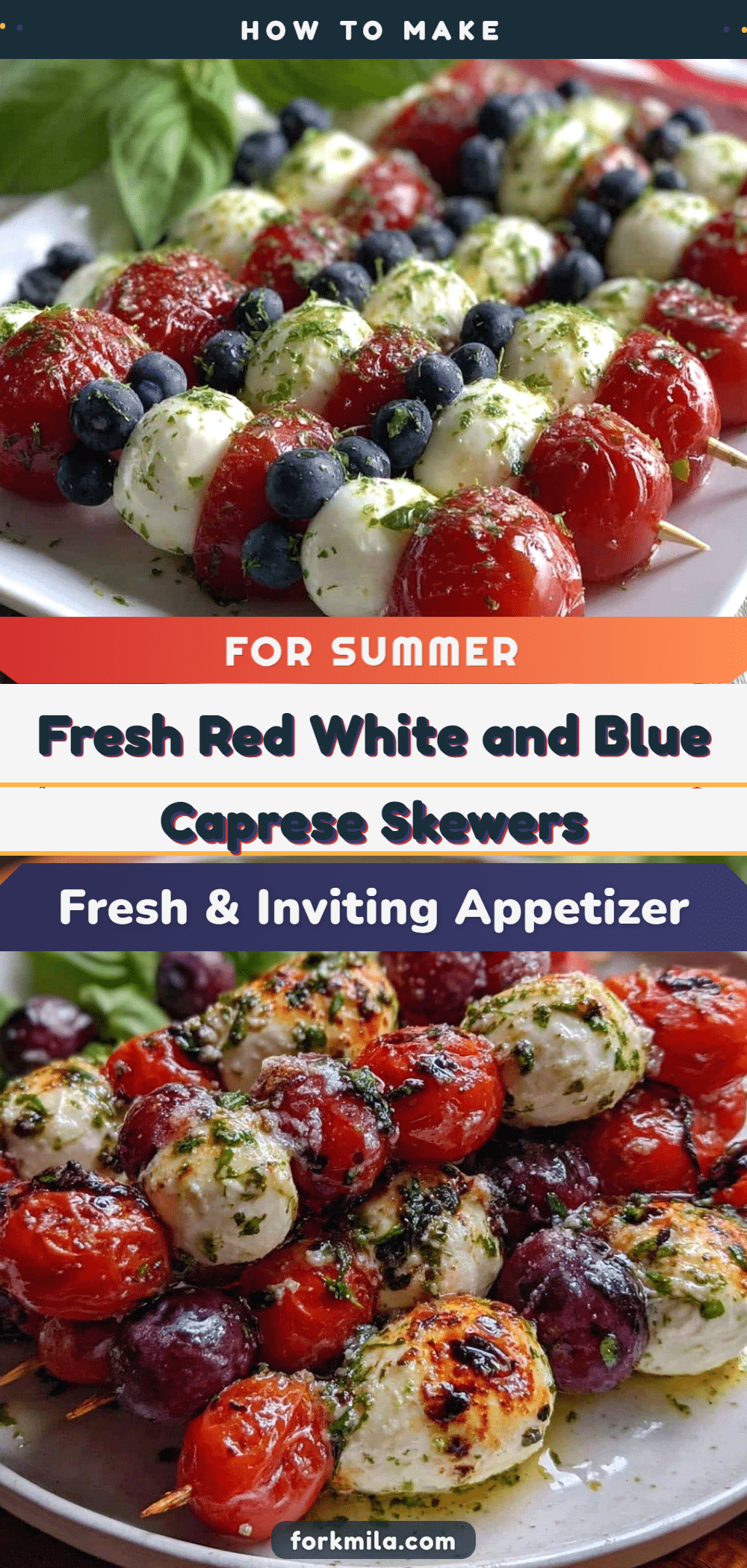 Fresh Red White and Blue Caprese Skewers recipe