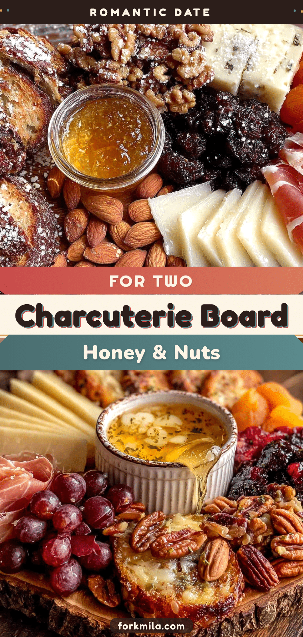 Valentines Day charcuterie board for two with honey & nuts recipe